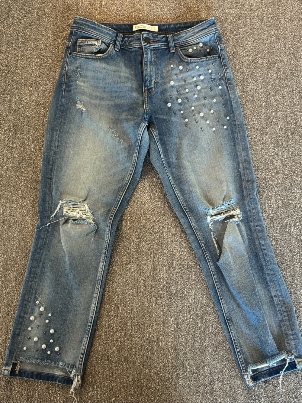 Zara Blue Distressed Boyfriend Jeans with pearl Embellishments